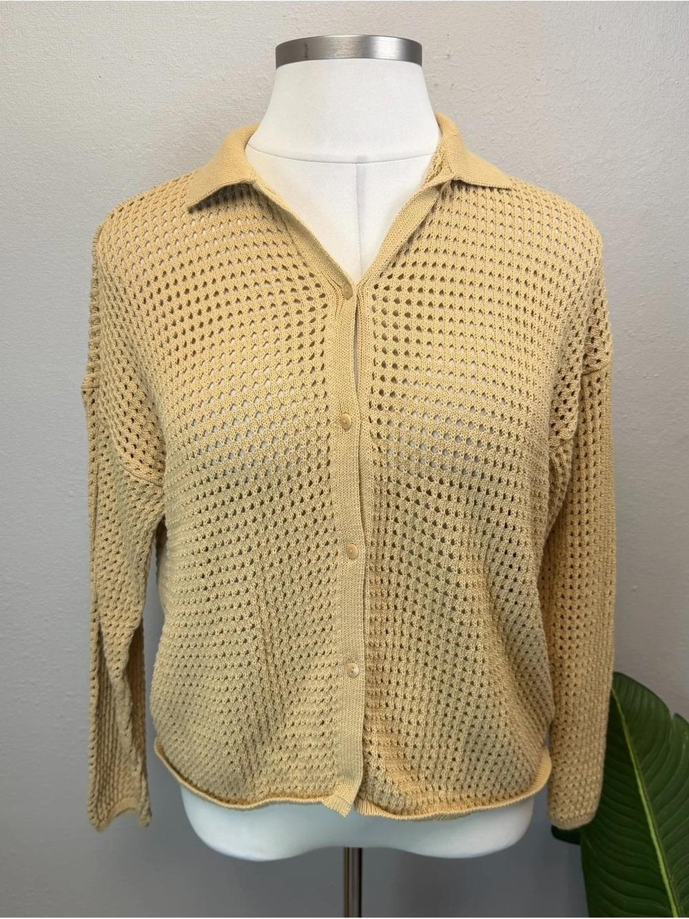 Madewell Tan Open-Stitch Polo Cardigan Sweater - Size XL